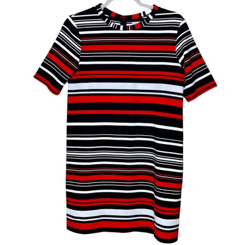 Halogen Shift Shirt Sleeve Stretch Dress Black, Red, & White Stripe Back zip
